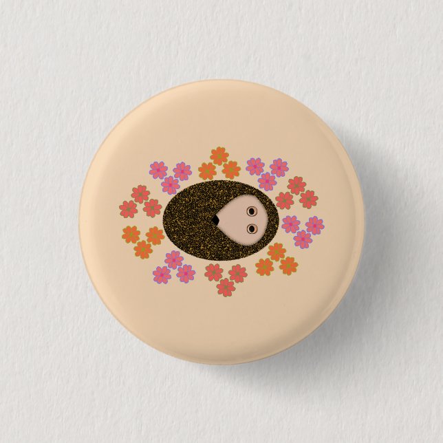 Sleepy Hedgehog and Flowers Button (Front)