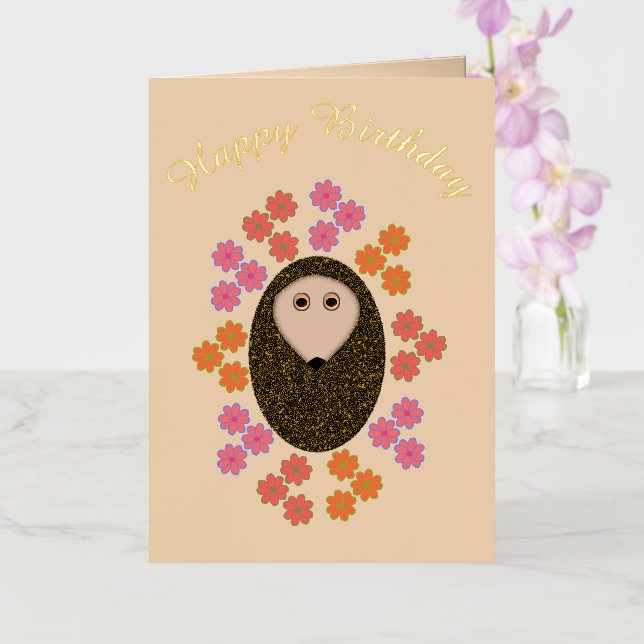 Sleepy Hedgehog and Flowers Custom Birthday Foil Greeting Card (Orchid)