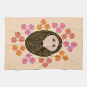 Sleepy Hedgehog and Flowers Kitchen Towel