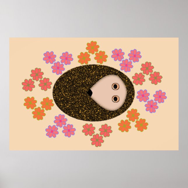 Sleepy Hedgehog and Flowers Poster (Front)