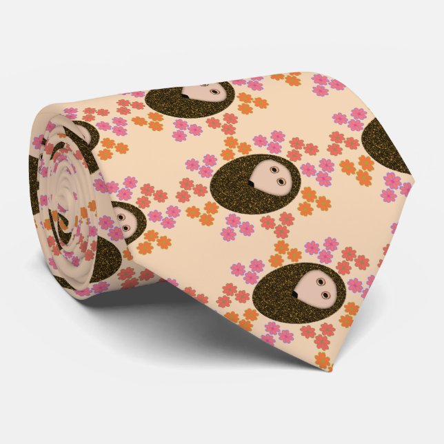Sleepy Hedgehog and Flowers Tie (Rolled)