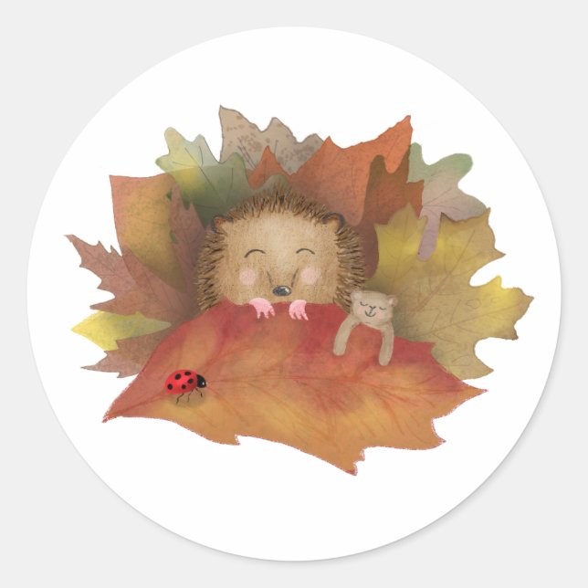Sleepy hedgehog in a bed of leaves round stickers (Front)