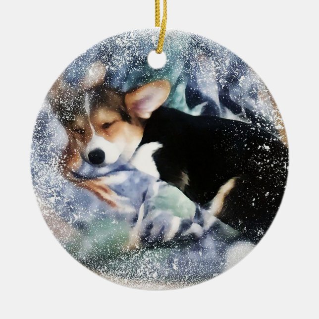 Sleepy Holiday Corgi Puppy Ceramic Ornament (Front)