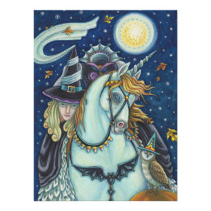 SLEEPY HOLLOW WITCH UNICORN OWL, HALLOWEEN FANTASY POSTER