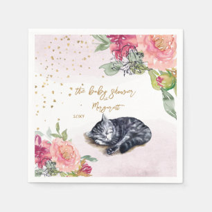 Sleepy Kitten Illustration Girl Baby Shower Napkin