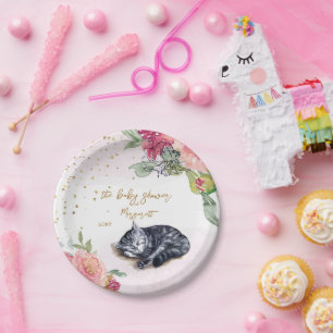 Sleepy Kitten Illustration Girl Baby Shower Paper Plate