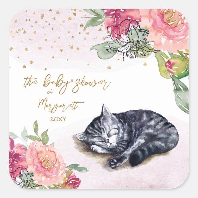 Sleepy Kitten Illustration Girl Baby Shower Square Sticker (Front)