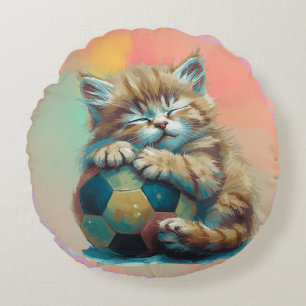 Sleepy Kitten with Soccer Ball – Cute Sports Lover Round Cushion