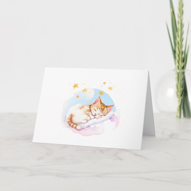 Sleepy Kitty Fluffy Clouds Blank Folded Greeting Card (Front)