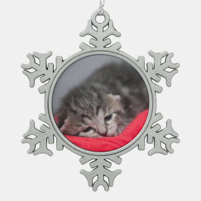 Sleepy kitty snowflake pewter christmas ornament (Front)