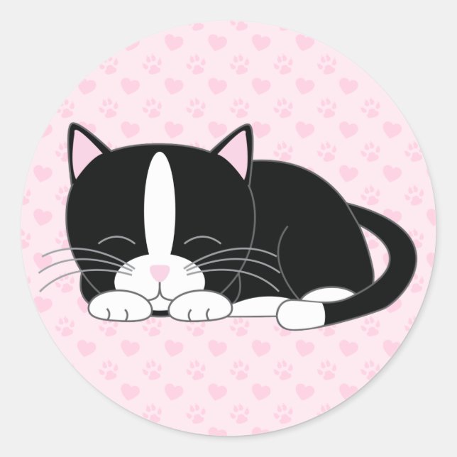 Sleepy Kitty {Tuxedo} Classic Round Sticker (Front)