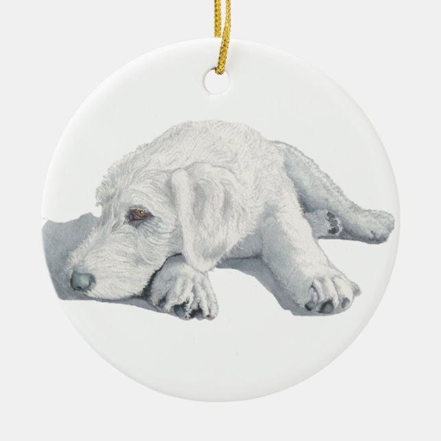 Sleepy Labradoodle Pup Ceramic Tree Decoration (Front)