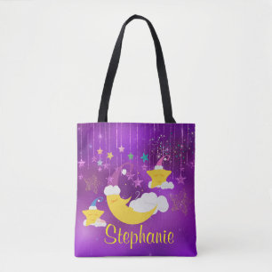 Sleepy Moon & Stars Purple Starry Sky Tote Bag