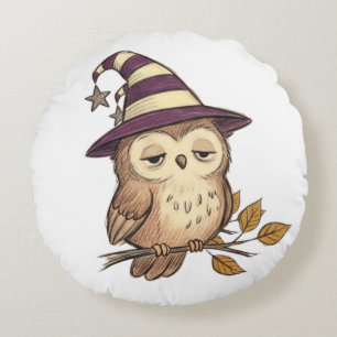 Sleepy Night Owl in Purple Witch Hat Halloween Col Round Cushion