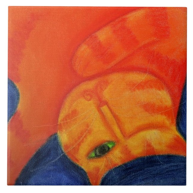 Sleepy Orange Cat Abstract Pastel Painting Ceramic Tile (Front)