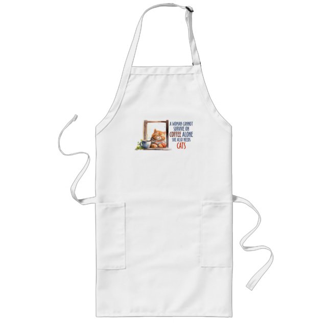 Sleepy Orange Cat with Coffee – Cosy Cat Long Apron (Front)