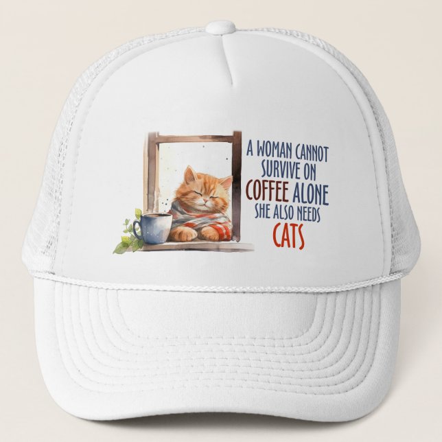 Sleepy Orange Cat with Coffee – Cosy Cat Trucker Hat (Front)