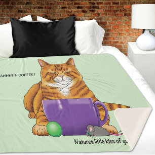 Sleepy Orange Ginger Cat Coffee Green Purple Sherpa Blanket
