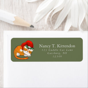 Sleepy Orange Tabby Christmas Santa Cat Dark Green Return Address Label