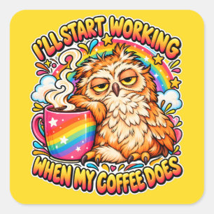 Sleepy Owl Coffee Humour Funny Caffeine Lover Square Sticker