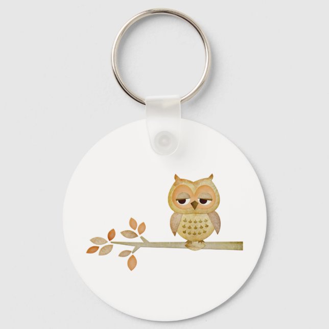 Sleepy Owl in Tree Key Ring (Front)