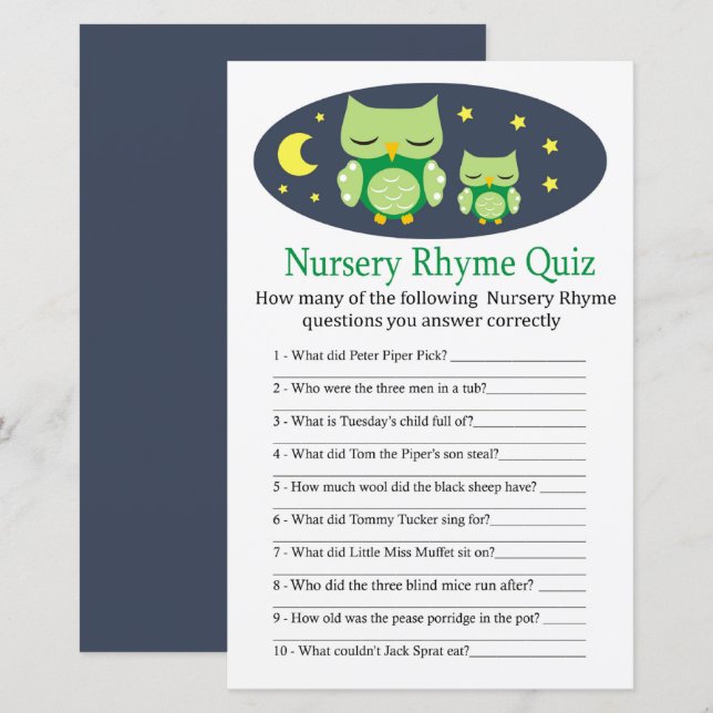 Sleepy owl Nursery Rhyme Quiz baby shower game (Front/Back)