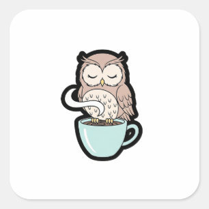 Sleepy Owl on Coffee – Cute Cozy Illustration Square Sticker