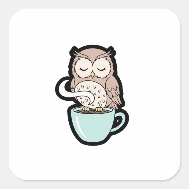 Sleepy Owl on Coffee – Cute Cozy Illustration Square Sticker (Front)
