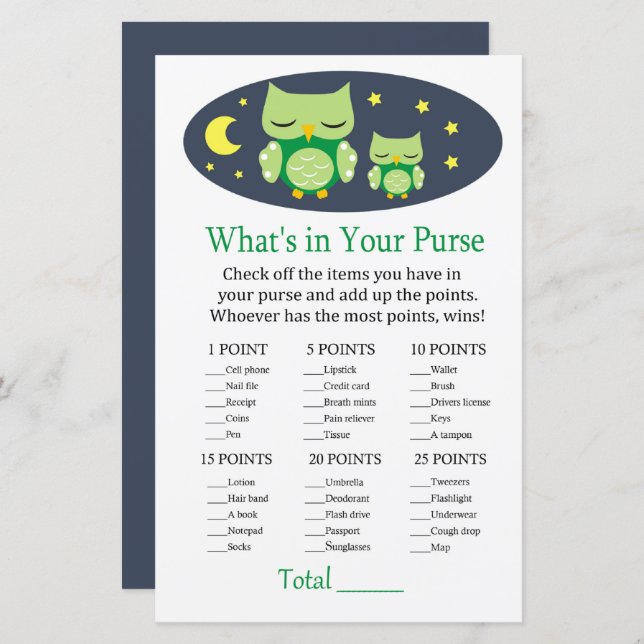 Sleepy owl What's in your purse game baby shower (Front/Back)