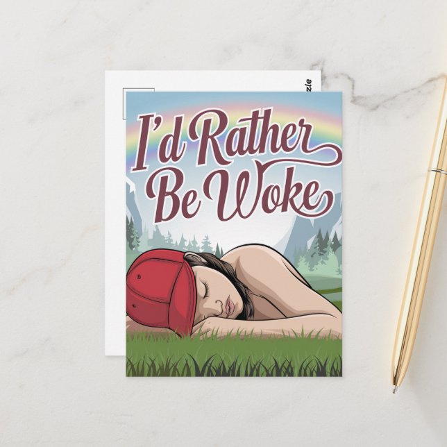 Sleepy Person Rather Be Woke Mountain Rainbow  Postcard (Front/Back In Situ)