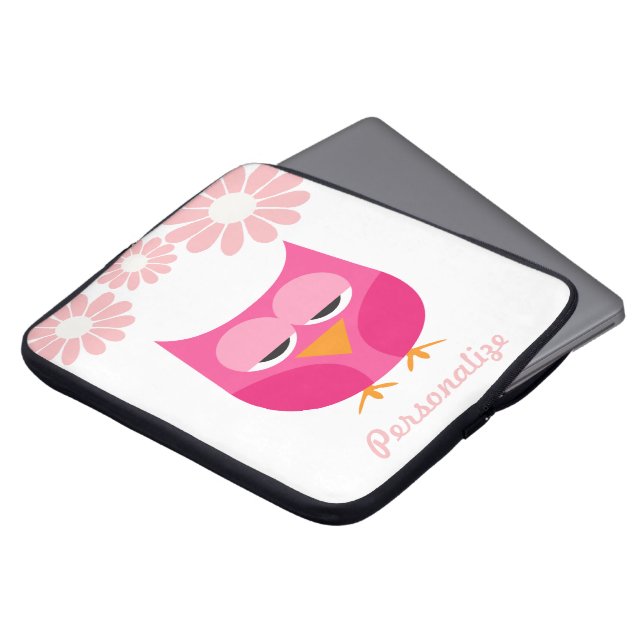 Sleepy Pink Owl and Flowers Personalised Laptop Sleeve (Front Top)