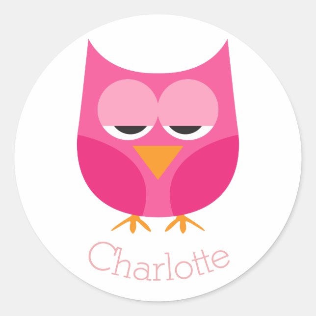 Sleepy Pink Owl Personalised Classic Round Sticker (Front)