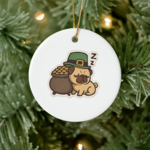 Sleepy Pug Leprechaun Retro St. Patrick's Day Ceramic Ornament