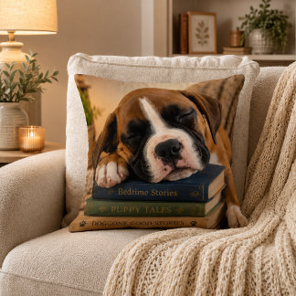 Sleepy Puppy on Books Cushion