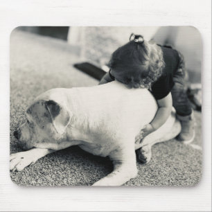 Sleepy puppy pitbull and baby cuddles mouse pad