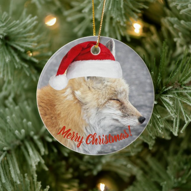 Sleepy Red Fox Wearing Red Santa Hat Holiday Ceramic Ornament (Tree)
