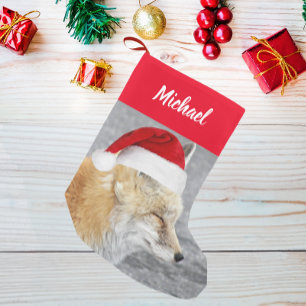Sleepy Red Fox Wearing Red Santa Hat with Name Small Christmas Stocking
