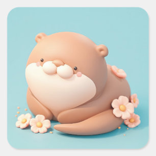 Sleepy Round Clay Otter with Blossom Square Sticker