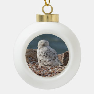 Sleepy Snowy Owl Ceramic Ball Christmas Ornament