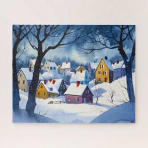 Sleepy Snowy Village - Watercolor Jigsaw Puzzle