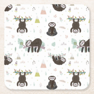 Sleepy Sweet Sloth Pattern Square Paper Coaster