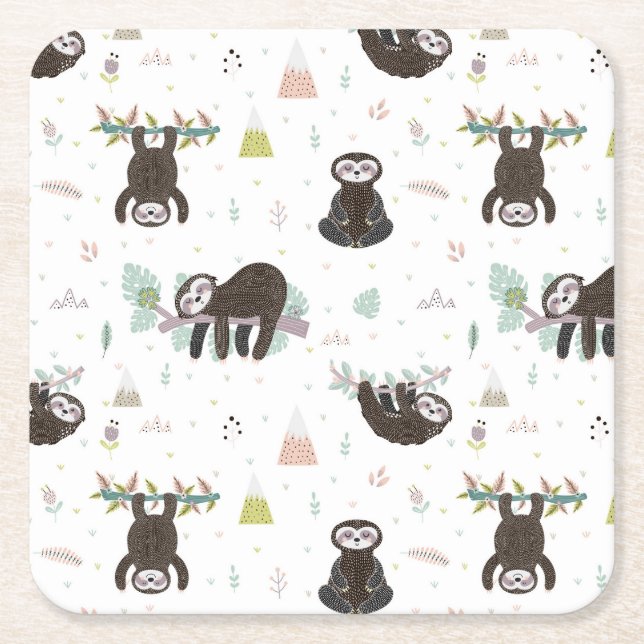 Sleepy Sweet Sloth Pattern Square Paper Coaster (Front)