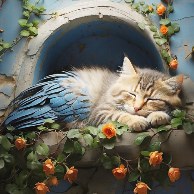 Sleepy Tan Tabby Half Kitten Half Bird Jigsaw Puzzle (Close- up of artwork)