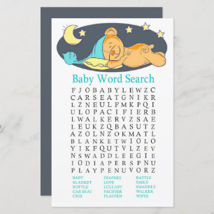 Sleepy teddy bear Baby Shower Word Search Game