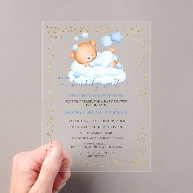 Sleepy Teddy Bear Nearly Await Boy Baby Shower Acrylic Invitations (Insitu (Handheld))