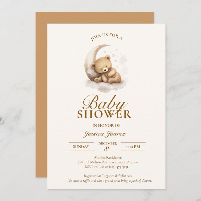 Sleepy Teddy Bear Neutral Baby Shower Invitation (Front/Back)