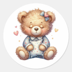 sleepy teddy bear with pillow classic round sticker
