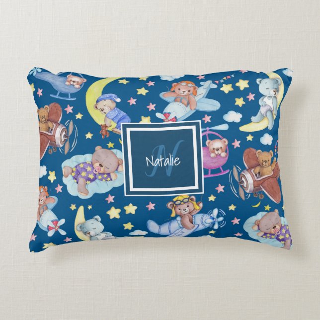 Sleepy Teddy Bears Dreaming of Flying Aeroplanes Decorative Cushion (Front)