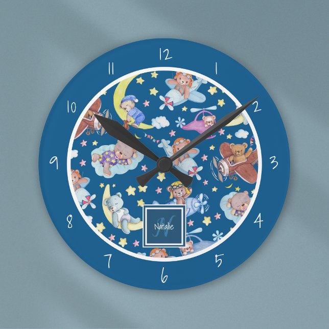 Sleepy Teddy Bears Dreaming of Flying Airplanes Round Clock (Creator Uploaded)