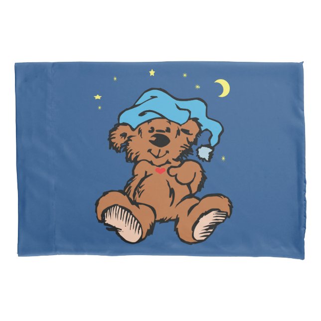 Sleepy Time Teddy Bear Blue Night Cap Pillowcase (Front-Left)